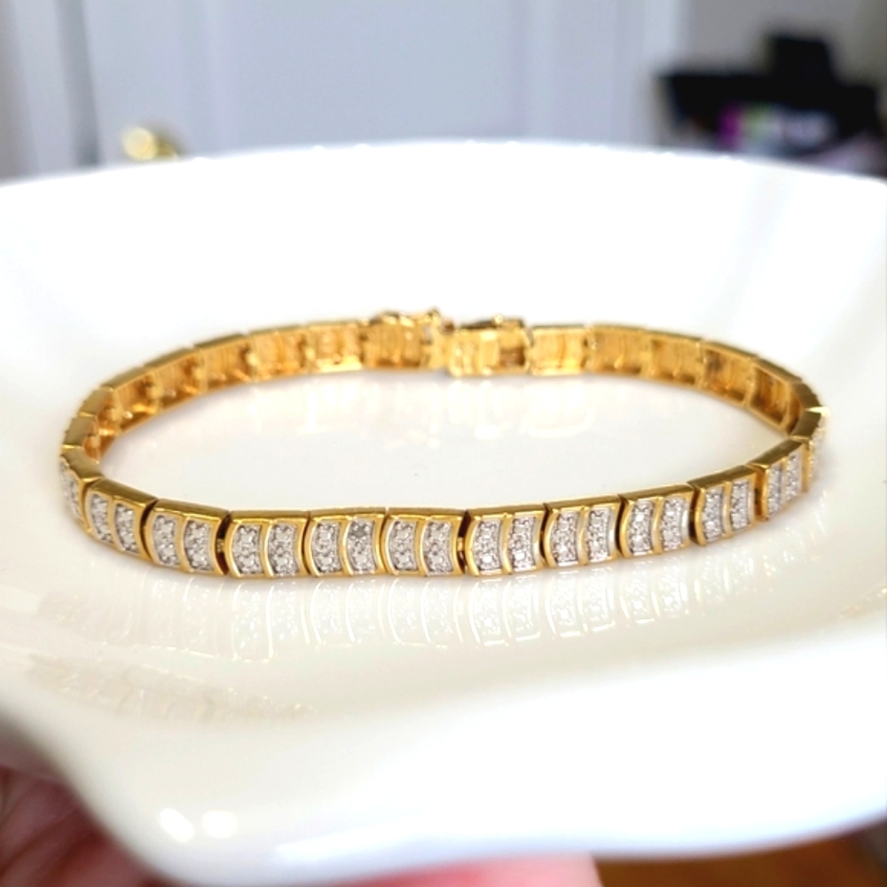 Vintage Gold Plated Sterling Silver 925 Luxury Crystal Tennis Bracelet